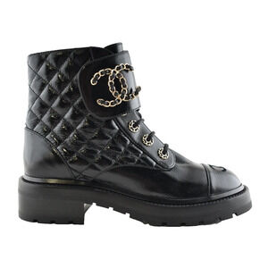 Chanel 21A Black Shiny Patent Quilted Gold CC Chain Combat Ankle Short Boot 37